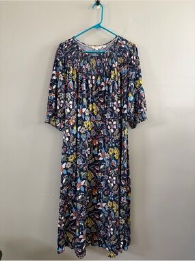 Boden Floral Midi Dress Blue Multicolor Puff Sleeves Peasant Modest Size 16/18